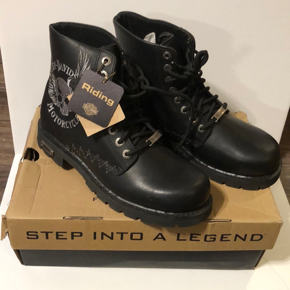 Men’s Harley Davidson Ravage Skull Stitch Black Leather Riding Moto-Boots Size 9
